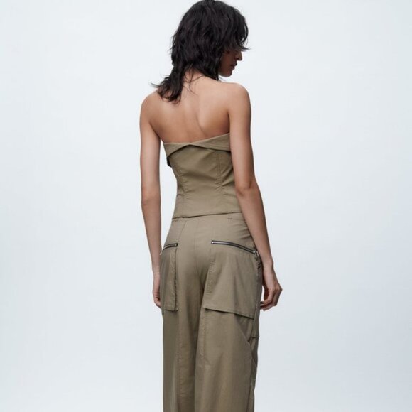 NEW ZARA WOMEN'S 2-Piece ZIPPER BUSTIER/ TOPSTITCHED ZIPPERED CARGO PANTS Khaki - Picture 7 of 15
